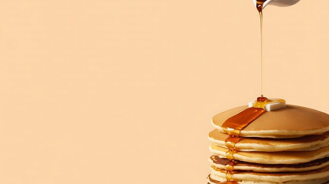 Freshly stacked pancakes with butter and maple syrup flowing from above placed against a warm cream colored background