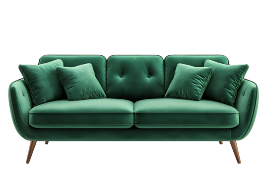 Modern Green Sofa with Plush Cushions and Contemporary Design Isolated on Transparent Background