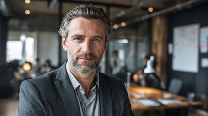 Fototapeta premium Portrait of a mature man with gray hair and beard in an office setting indoors