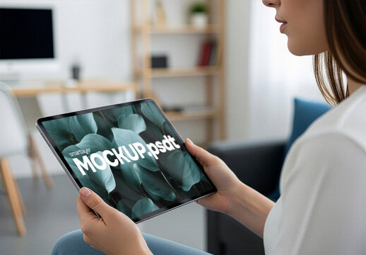 Woman using tablet in living room. Mockup
