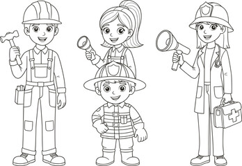 PrintCartoon children dressed as worker characters, featuring engineer, doctor, firefighter and detective roles, cute professional kids illustration, black and white coloring page