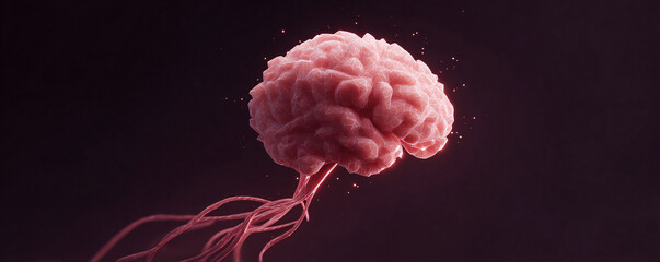 Abstract rendering of a neural network in soft pink hues against a dark background. Concept for AI, neuroscience, technology, or medical illustration. Evokes thought, innovation, and connection.