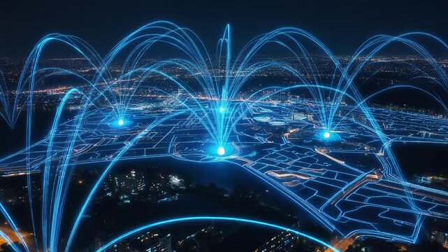 Digital map smart grid glowing connection network city electricity technology infrastructure with blue futuristic energy, urban illuminated power lines, data communication, modern innovation system  - Powered by Adobe