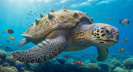 Obraz premium Majestic Sea Turtle Gliding Through Vibrant Coral Reef Ecosystem.
