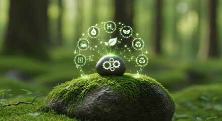 Glowing green ecofriendly icons arranged in a circle above a stone on a mossy rock in a forest