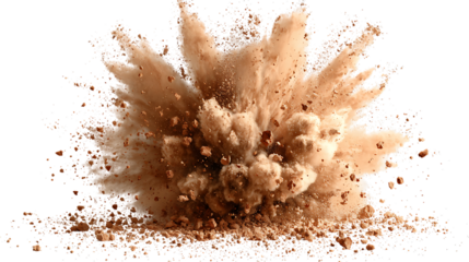 Brown powder exploding outward, dynamic dust burst effect with fine particles and scattered chunks.