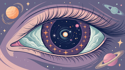 Cosmic eye gazing into a universe of stars and planets, a dreamy surreal space fantasy illustration, perfect for visionary art and spiritual designs