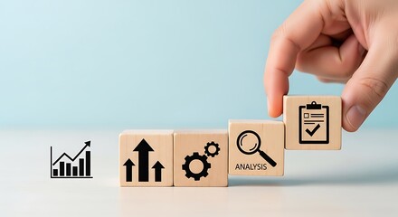 Business growth and analysis concept with icons on wooden blocks, representing progress and strategy