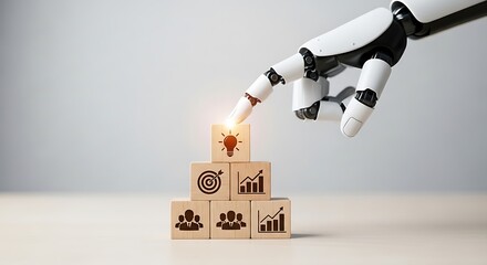 Robot hand touching a light bulb icon on stacked wooden blocks representing business growth and strategy