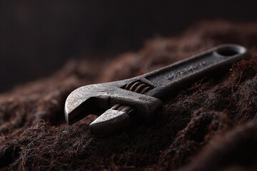 Detailed closeup of a sturdy adjustable wrench resting on dark, textured surface. Evokes concepts of repair, craftsmanship, DIY, industrial themes, and hard work. Great for backgrounds.