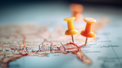 Pushpins connected by thread on a map illustrating travel route planning, logistics coordination and strategic connection between important destinations.

