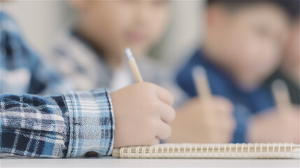Child writing in a notebook during class with blurred students in background, symbolizing learning, education, focus and childhood development in a modern academic environment.