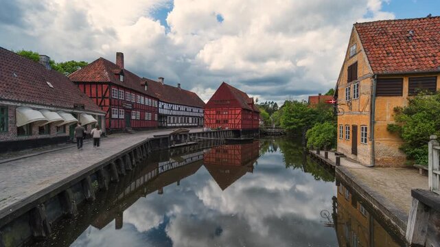Timelapse view of Den Gamle By (English: The Old Town), an open-air town museum located in central Aarhus, Denmark, zooming out.