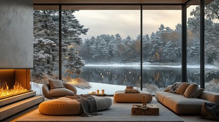 Obraz premium Cozy winter living room with lake view, fireplace, and modern furniture; ideal for real estate or interior design