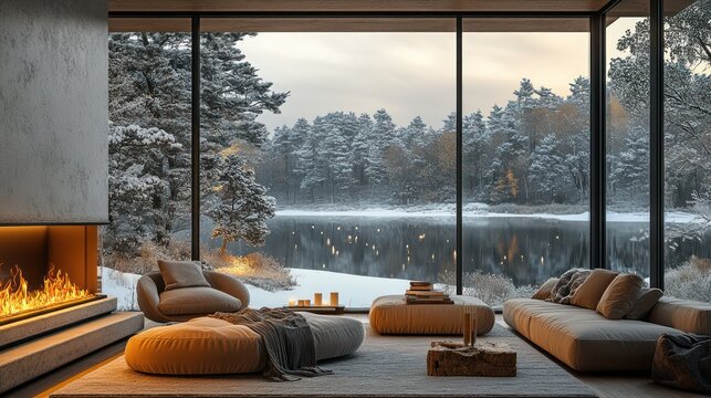 Cozy winter living room with lake view, fireplace, and modern furniture; ideal for real estate or interior design
