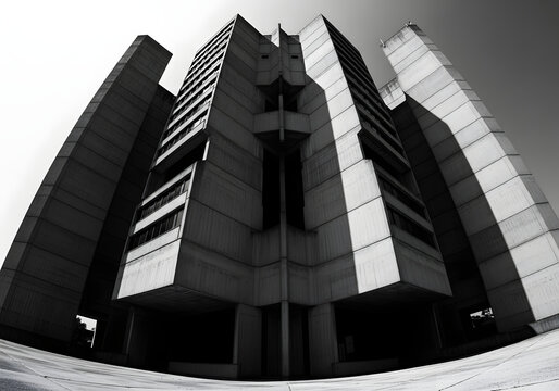 Monolithic brutalist skyscraper with sharp angles and stark shadows