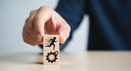 Hand stacking wooden blocks with icons of running person and gear, symbolizing speed, efficiency, and productivity in business