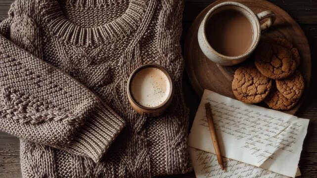 cozy festive flat lay: knit sweater in mocha tones, hot drink, cookies, and handwritten holiday notes 