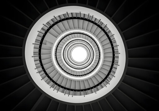 Abstract black and white spiral staircase looking upwards