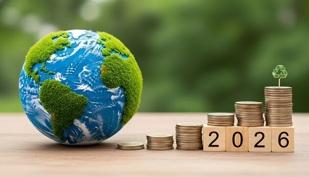 Green earth with growing money stack and year 2026 blocks symbolizing environmental investment and financial growth