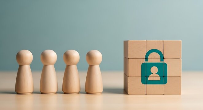 Four wooden peg figures lined up with a block showing a padlock and person icon, symbolizing security and privacy