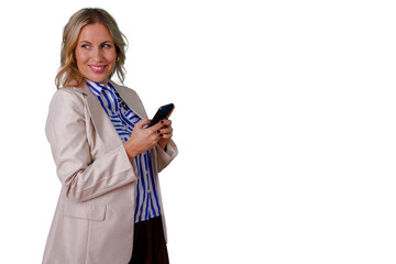 Happy businesswoman using smartphone for texting and communication technology on transparent background