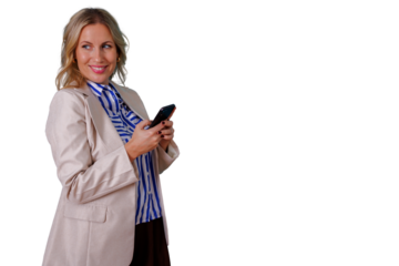 Happy businesswoman using smartphone for texting and communication technology on transparent background