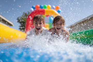 Two gleeful children burst through water on a slide, laughing with unrestrained joy. Represents summertime fun, playful energy, and happy childhood memories.