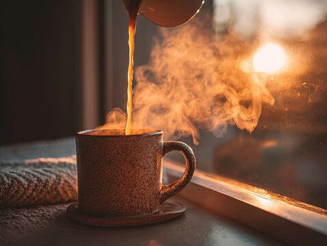 Morning coffee pours into a speckled ceramic mug by the glowing window, with rising steam drifting through the warm golden sunrise filling the quiet room - Powered by Adobe