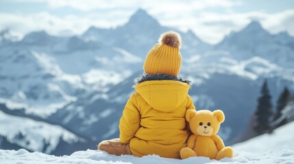 Toddler admires snowy mountain view, winter wonderland