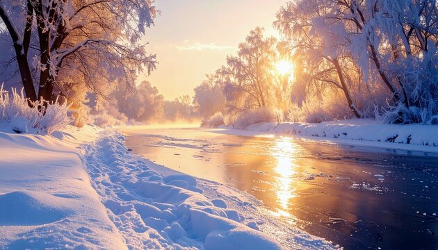 A serene winter landscape at sunrise, featuring a partially frozen river reflecting the golden light, with snow-laden trees and a cleared path along the bank.