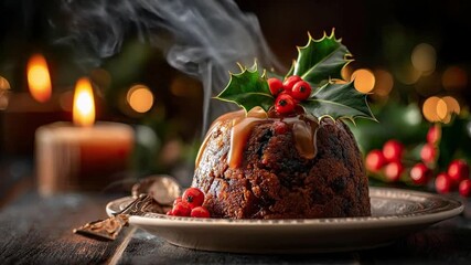 A steaming dark fruit pudding on a decorative plate garnished with holly and red berries with a lit candle and festive lights in the background - Powered by Adobe