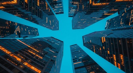 Looking up at towering modern skyscrapers from a low angle, with geometric patterns of windows and lights against a clear blue sky