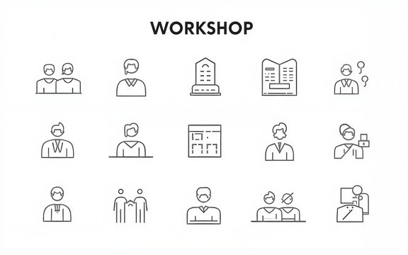 Workshop icon set. Business related line icons: teamwork, collaboration, education, coaching, team building, meeting, training, presentation and more. Editable stroke. Vector illustration.