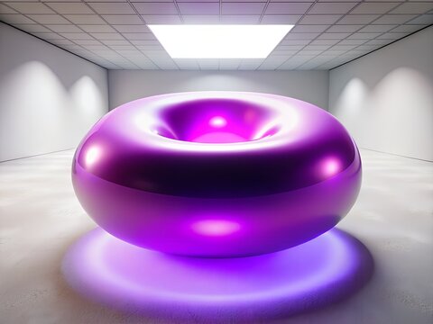 Futuristic glowing purple torus object suspended in a modern minimalist concrete room with overhead lighting - Powered by Adobe