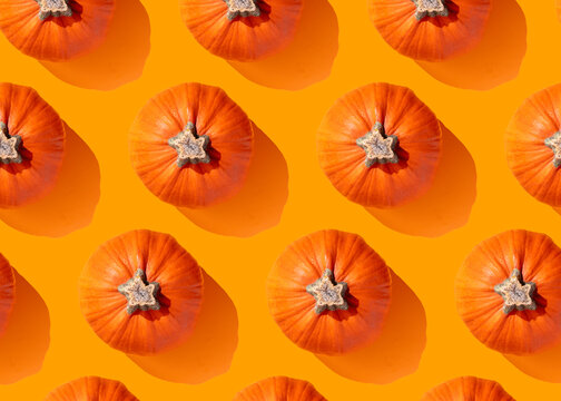Pumpkins arranged in a seamless top-view pattern