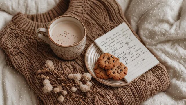 cozy festive flat lay: knit sweater in mocha tones, hot drink, cookies, and handwritten holiday notes 