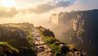 A rugged, stone-paved hiking trail leads across a grassy, rocky ridge towards dramatic, mist-shrouded cliffs bathed in the warm glow of sunrise.