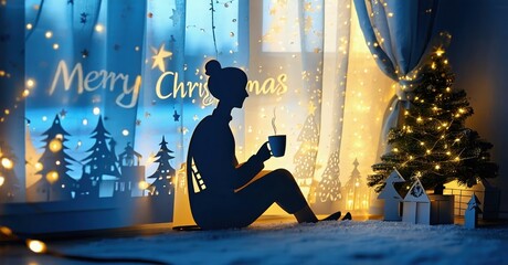 Obraz premium Silhouette enjoys warm drink near window. Festive lights, trees create cozy Christmas scene. Peaceful, serene moment captured.