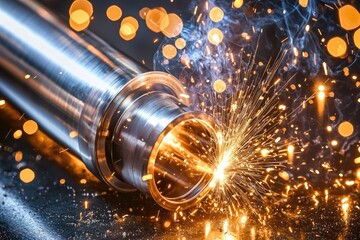 close-up welding machine with sparks on steel-gray pipe in dark background showcasing precision metalwork and industrial technology concept