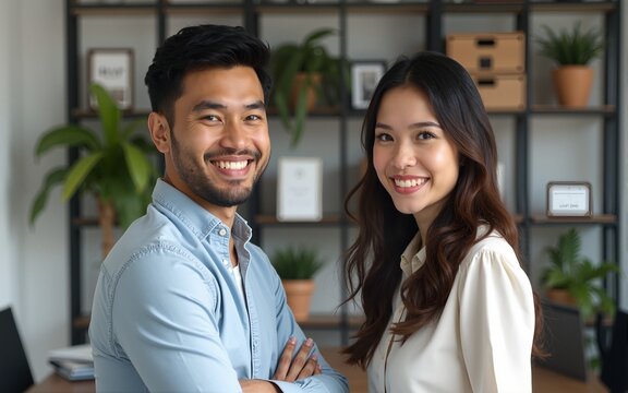 Young happy Asian business man, woman work together in start up office. Creative team brainstorm meeting, internet technology, businesspeople colleague partnership, or office coworker teamwork concept