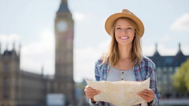 Woman exploring London with a map, Big Ben in the background on a sunny day