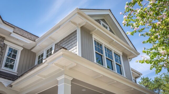 Stunning photo of gutter guard system featuring white framing, gray fascia, soffit, and drip edge on a pitched roof attic of a high-end single-family residence.