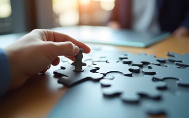 Close-up of hand placing puzzle piece, highlighting business strategy, collaborative solution concept. High quality