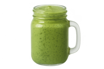Green smoothie in mason jar mug, fresh healthy detox drink for wellness and clean eating, transparent background
