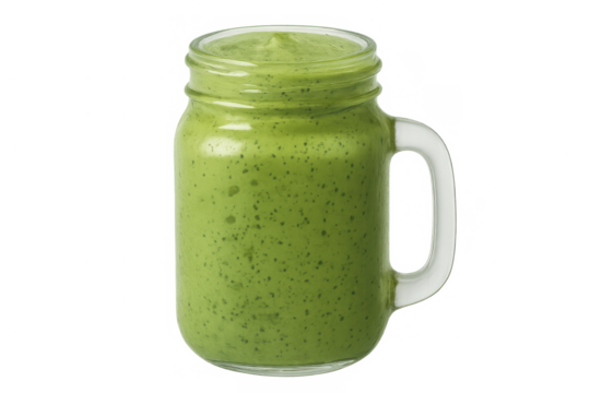 Green smoothie in mason jar mug, fresh healthy detox drink for wellness and clean eating, transparent background