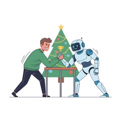 human and robot having a friendly arm wrestling match near a Christmas tree
