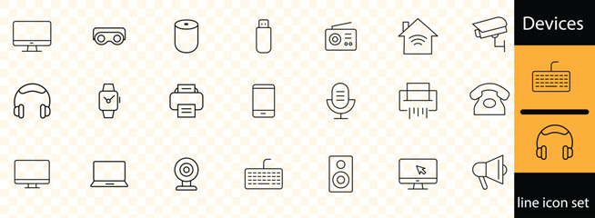 Devices set of web icons in line style. Electronic devices and gadgets icons for web and mobile app. Smart devices, technology, computer monitor, smartphone, tablet, laptop, drone