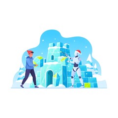 human and robot building a futuristic, crystalline snow fort in an outdoor