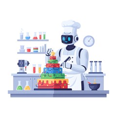 a robot chef preparing a multi-layered, geometric Christmas cake in a professional kitchen